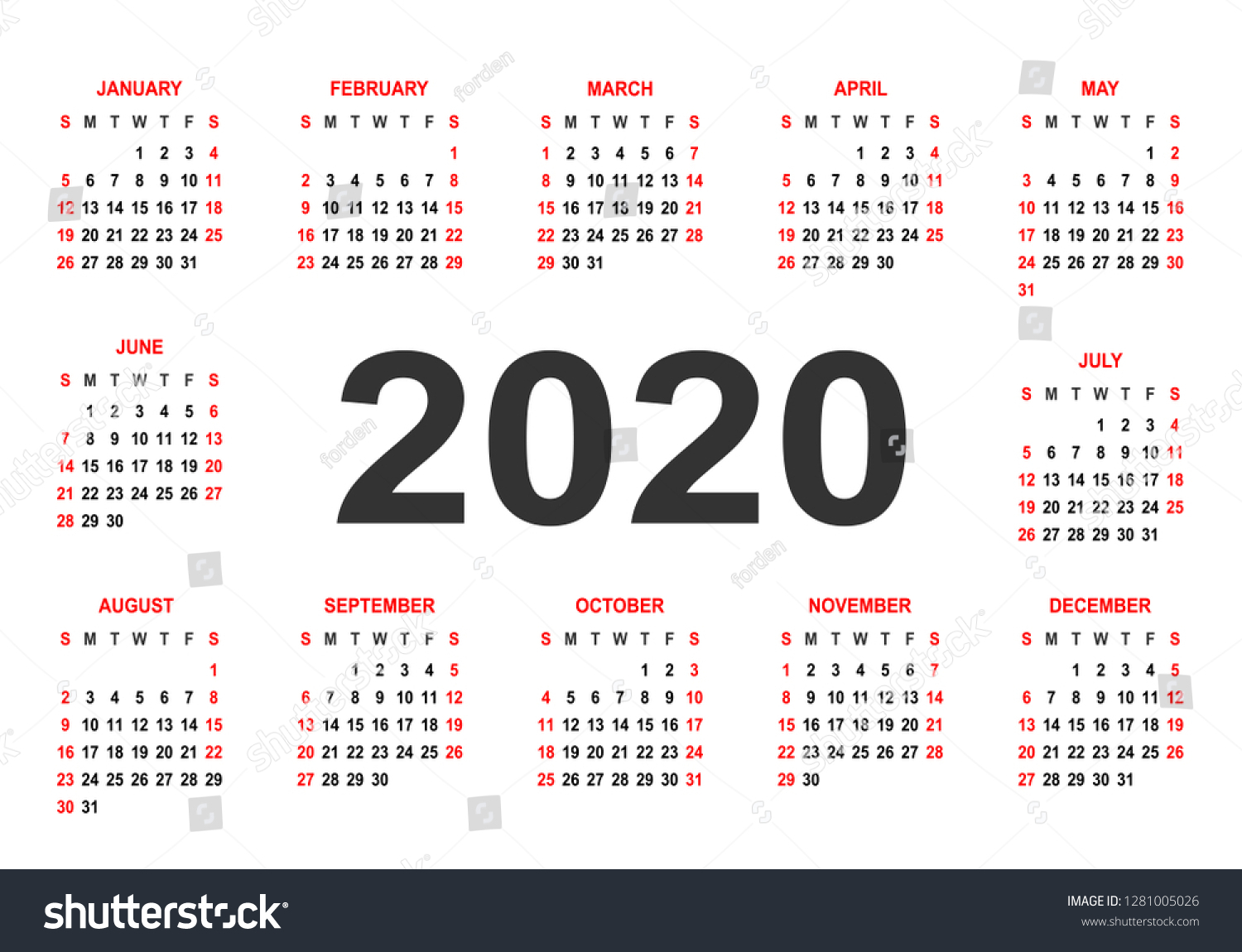 Стоковая Векторная Графика «Calendar 2020 Week Starts On