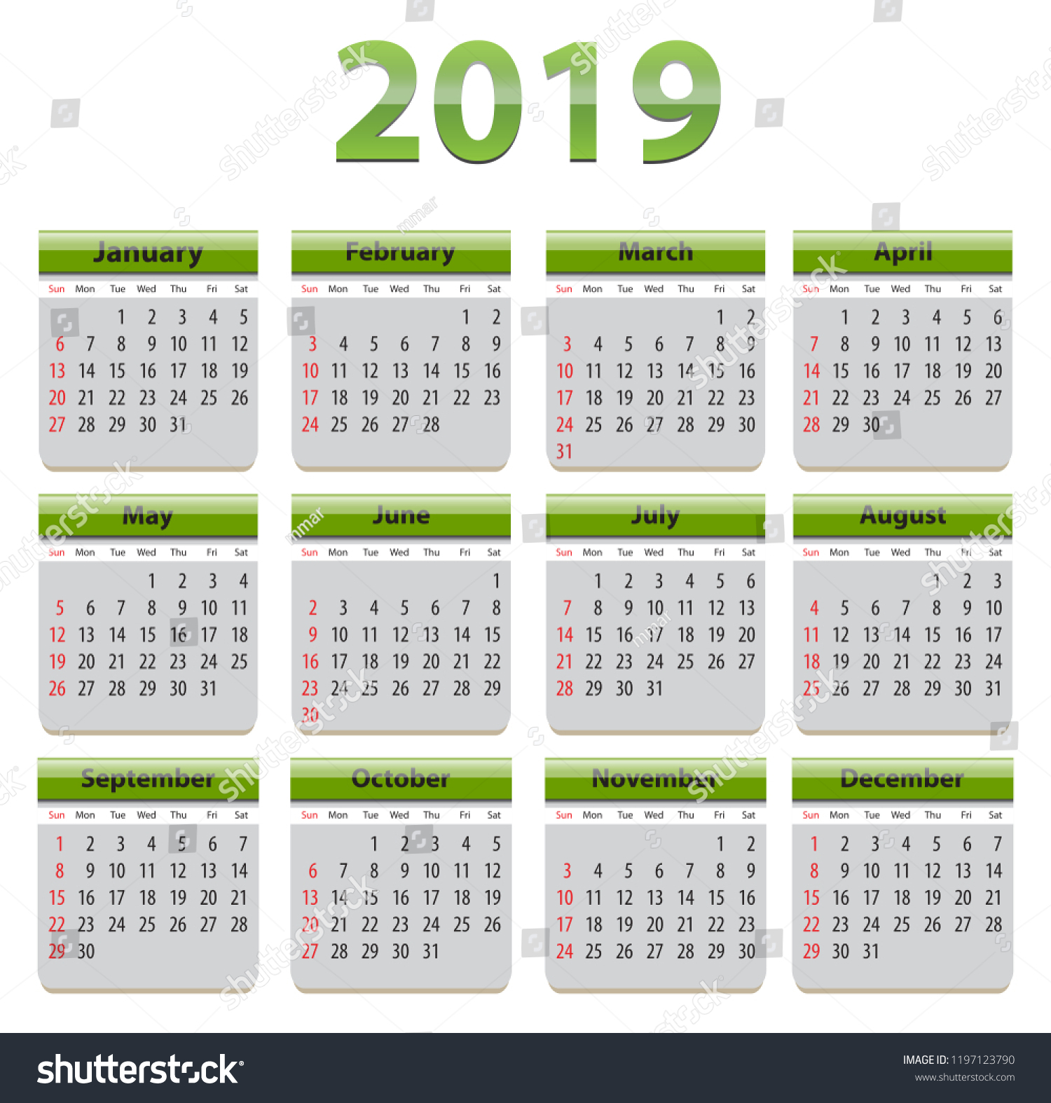 Стоковая Векторная Графика «Green Calendar 2019 Year English