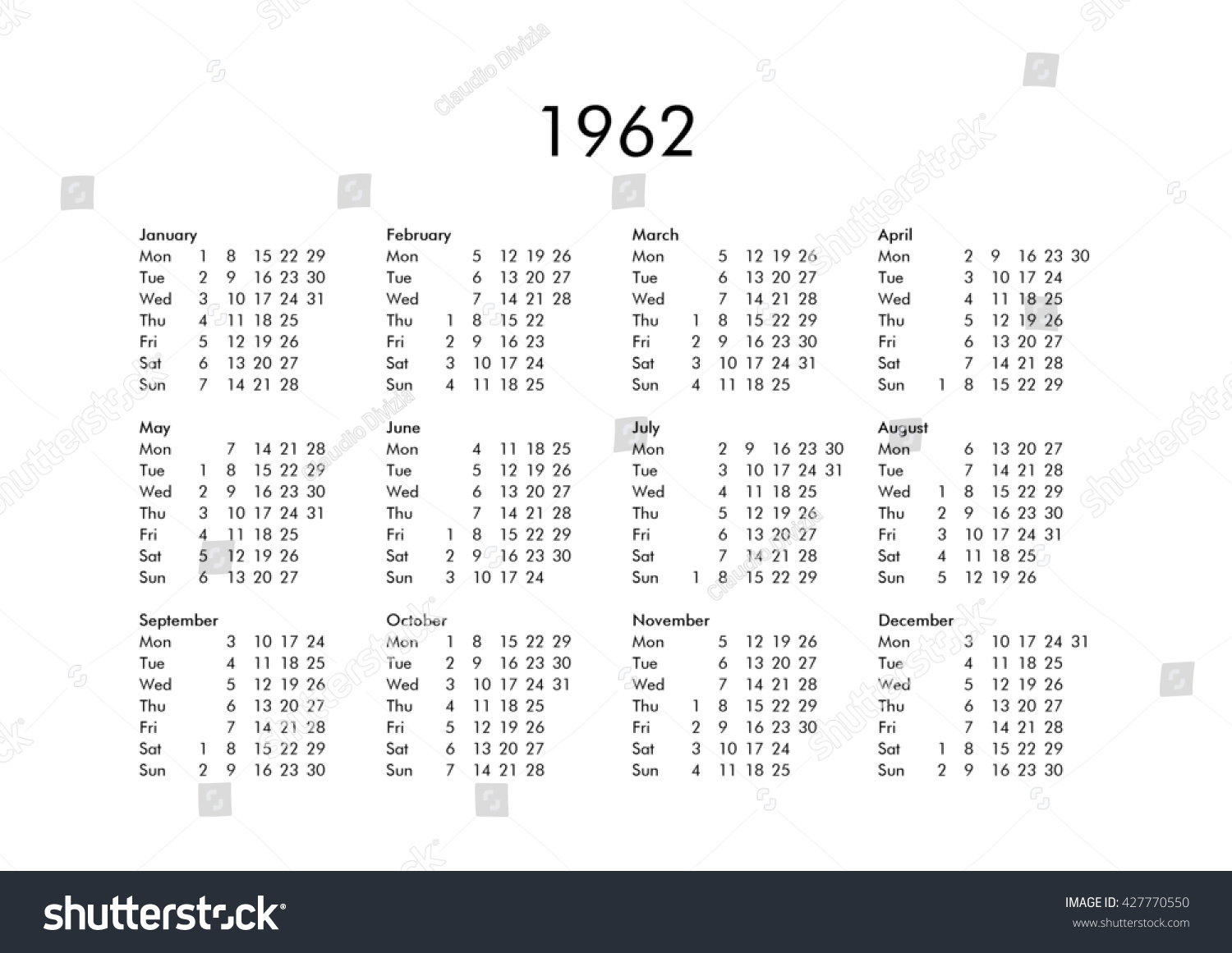 Стоковая Иллюстрация «Vintage Calendar Year 1962 All Months