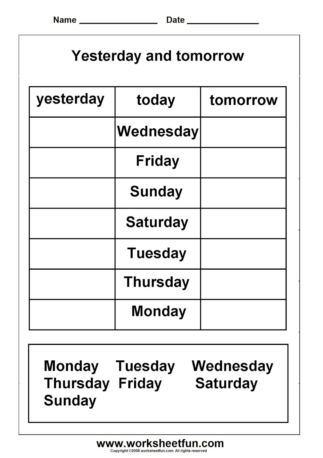 Days Of The Week: Yesterday And Tomorrow Worksheet | School