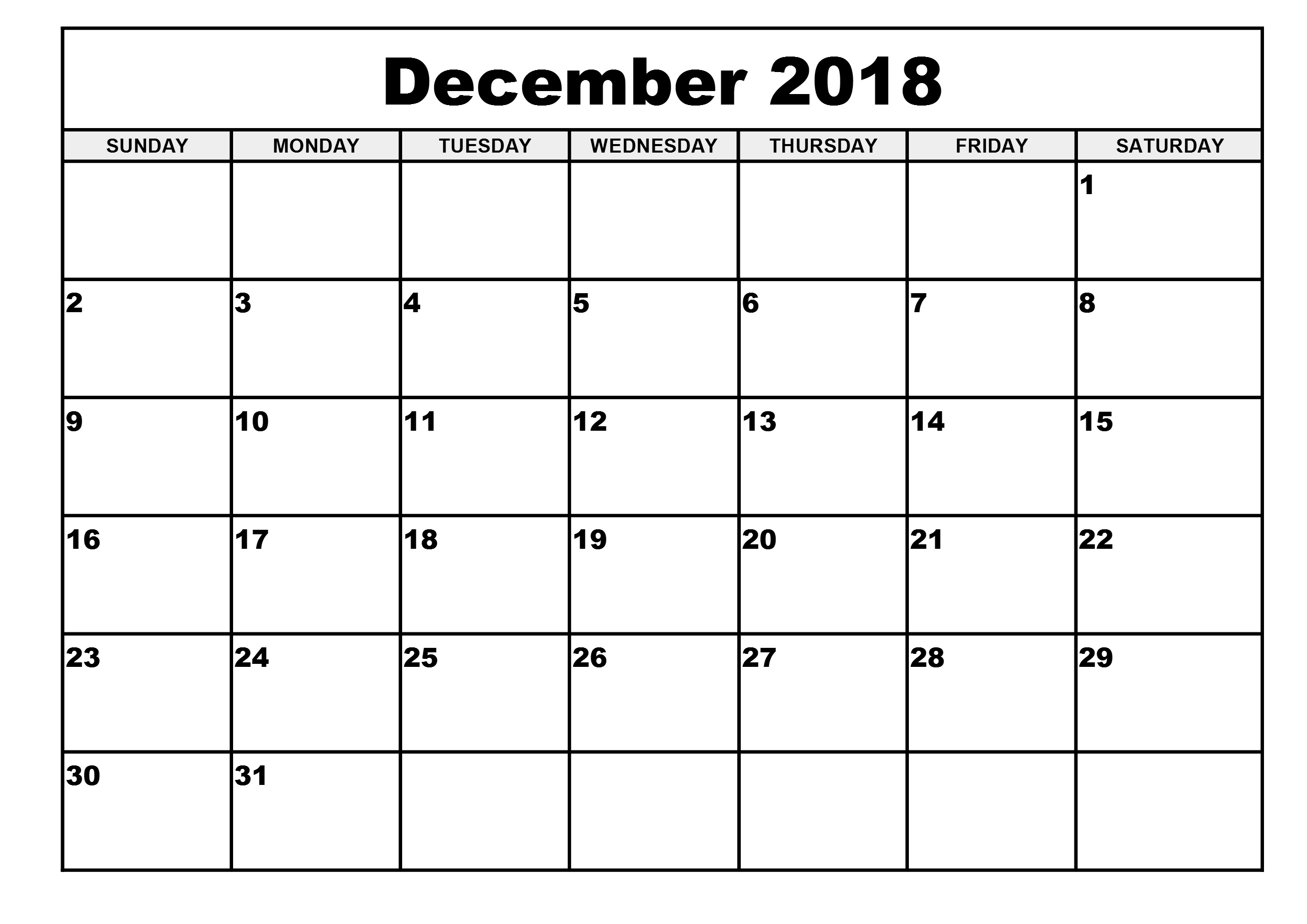 December 2018 Calendar Printable- Free Templates - Printable