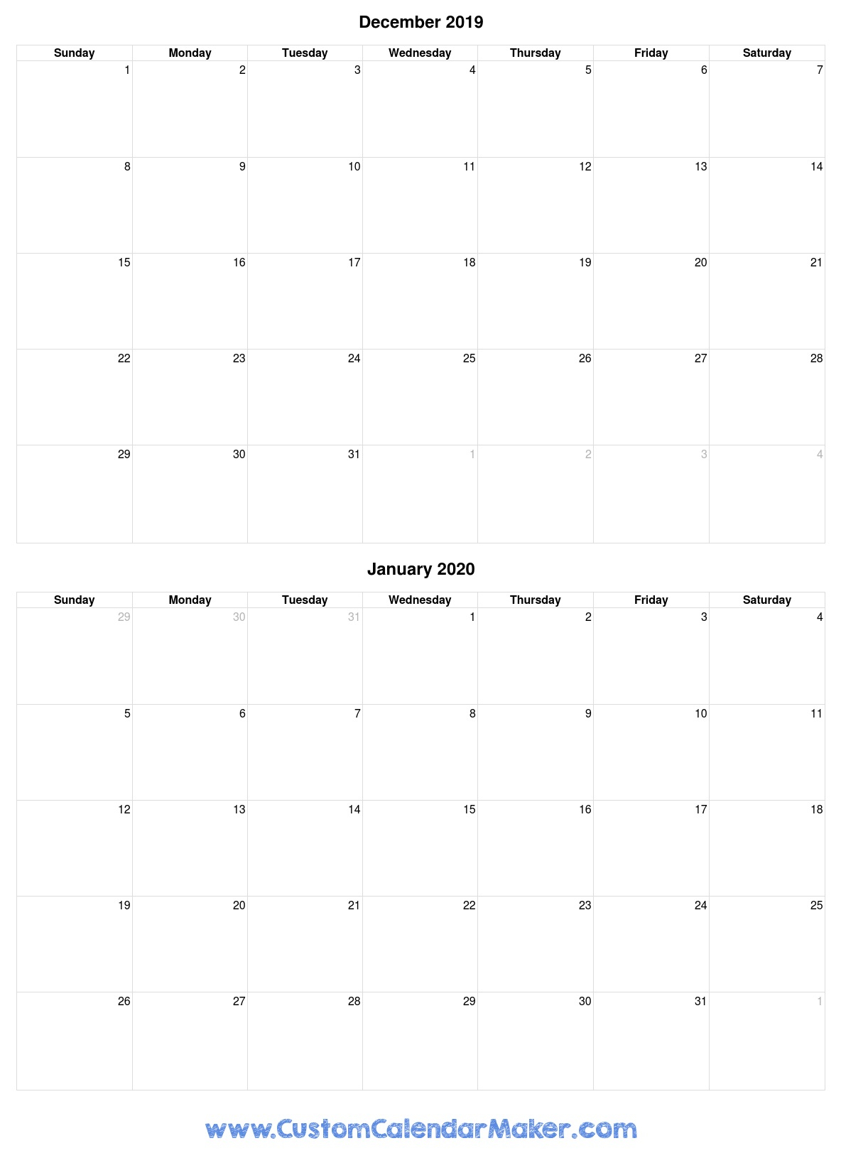 December 2019 And January 2020 Printable Calendar