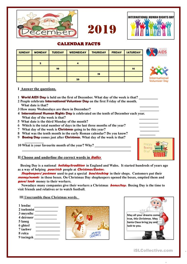 December 2019 Calendar Facts - English Esl Worksheets