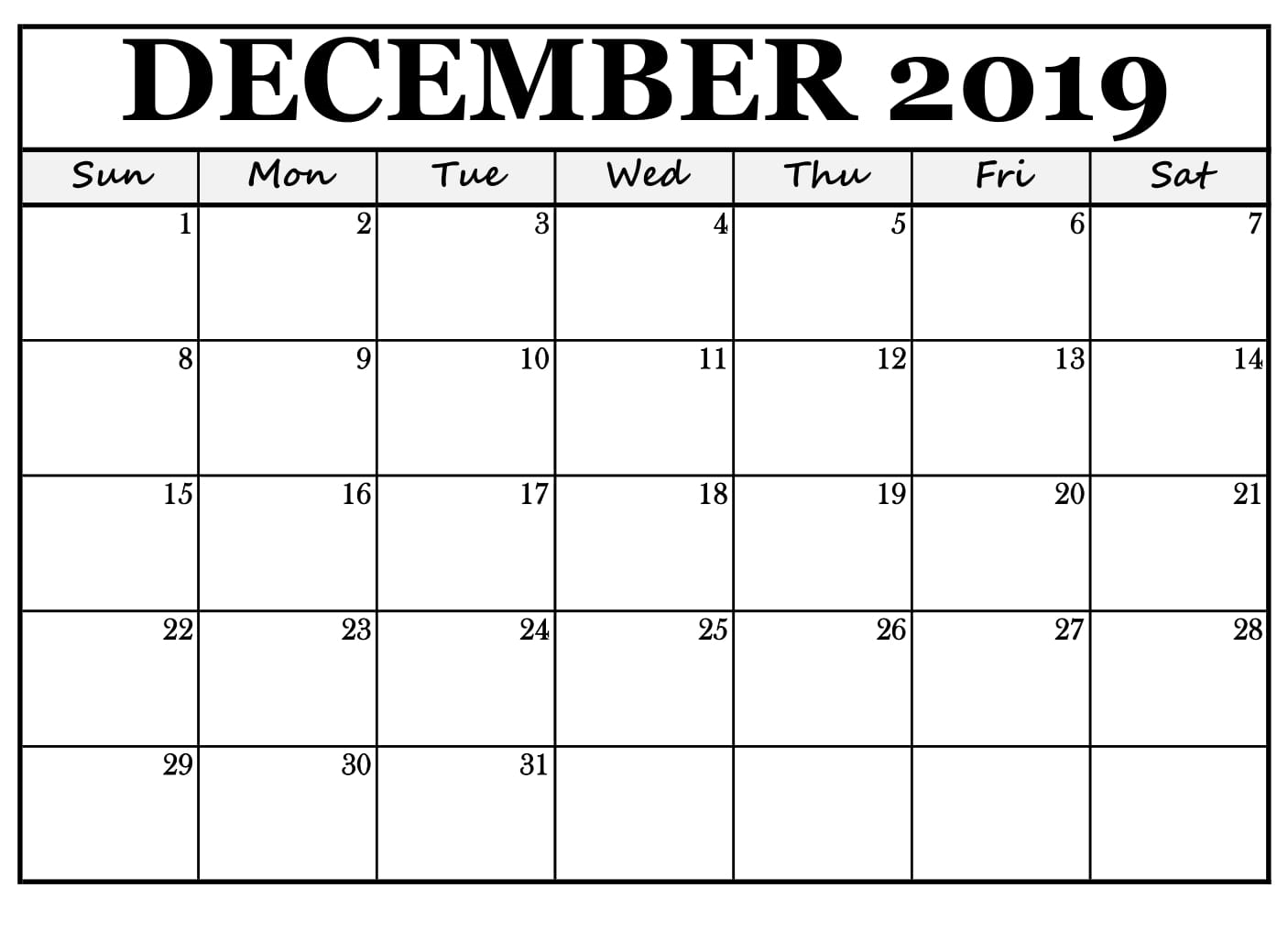 December 2019 Calendar Template Free Printable | Printable