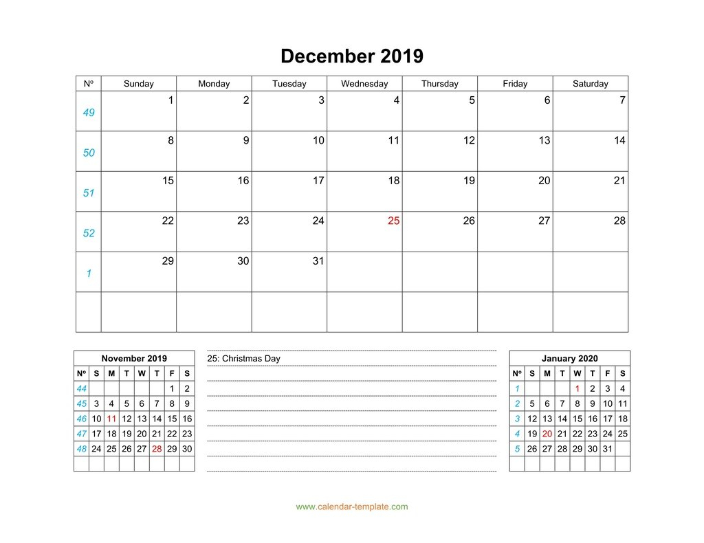 December 2019 Calendar With Previous And Next Month (Bottom)