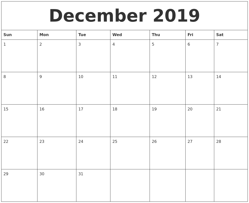 December 2019 Printable Calendar - Free Blank Templates