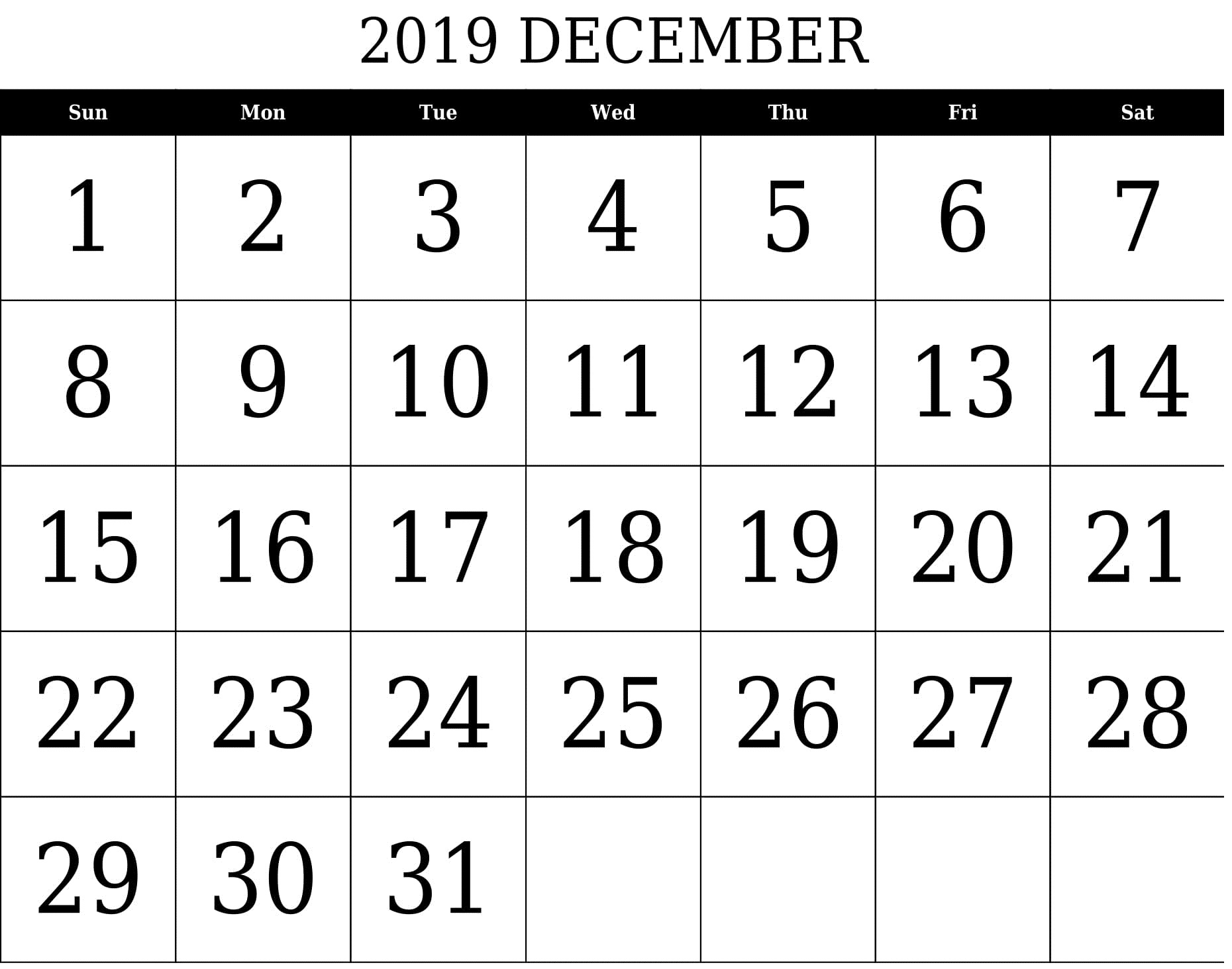 December 2019 Printable Calendar Free Download - Latest