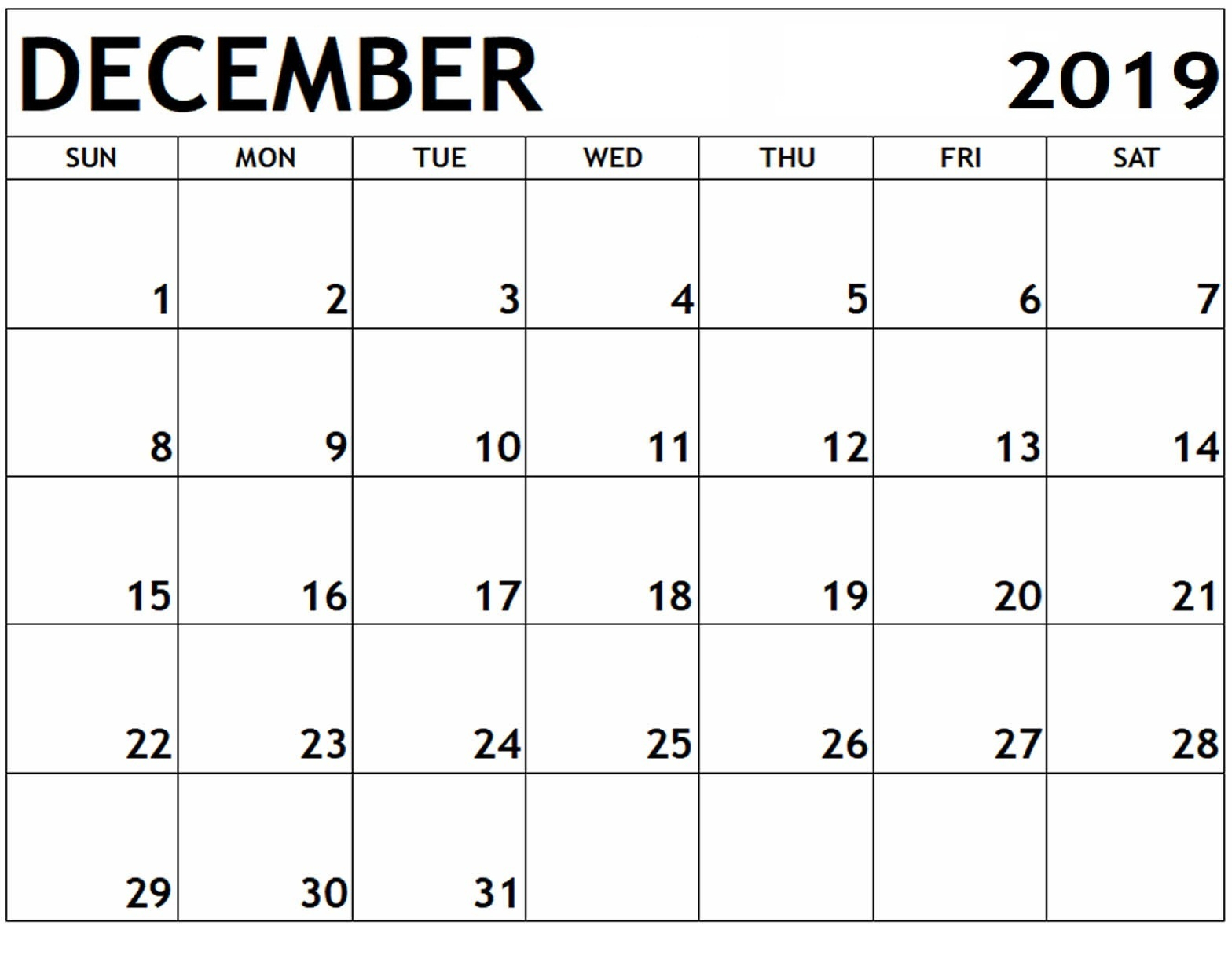 December 2019 Printable Calendar: Weekly Calendar For