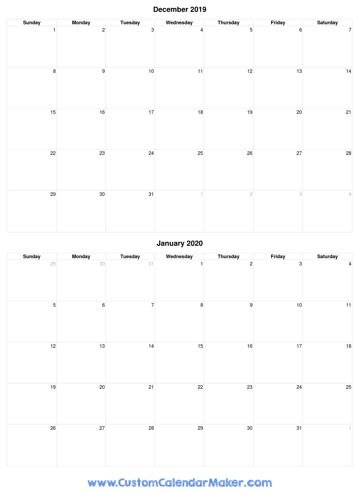 December 2019 Printable Calendars - Blank Pdf Templates