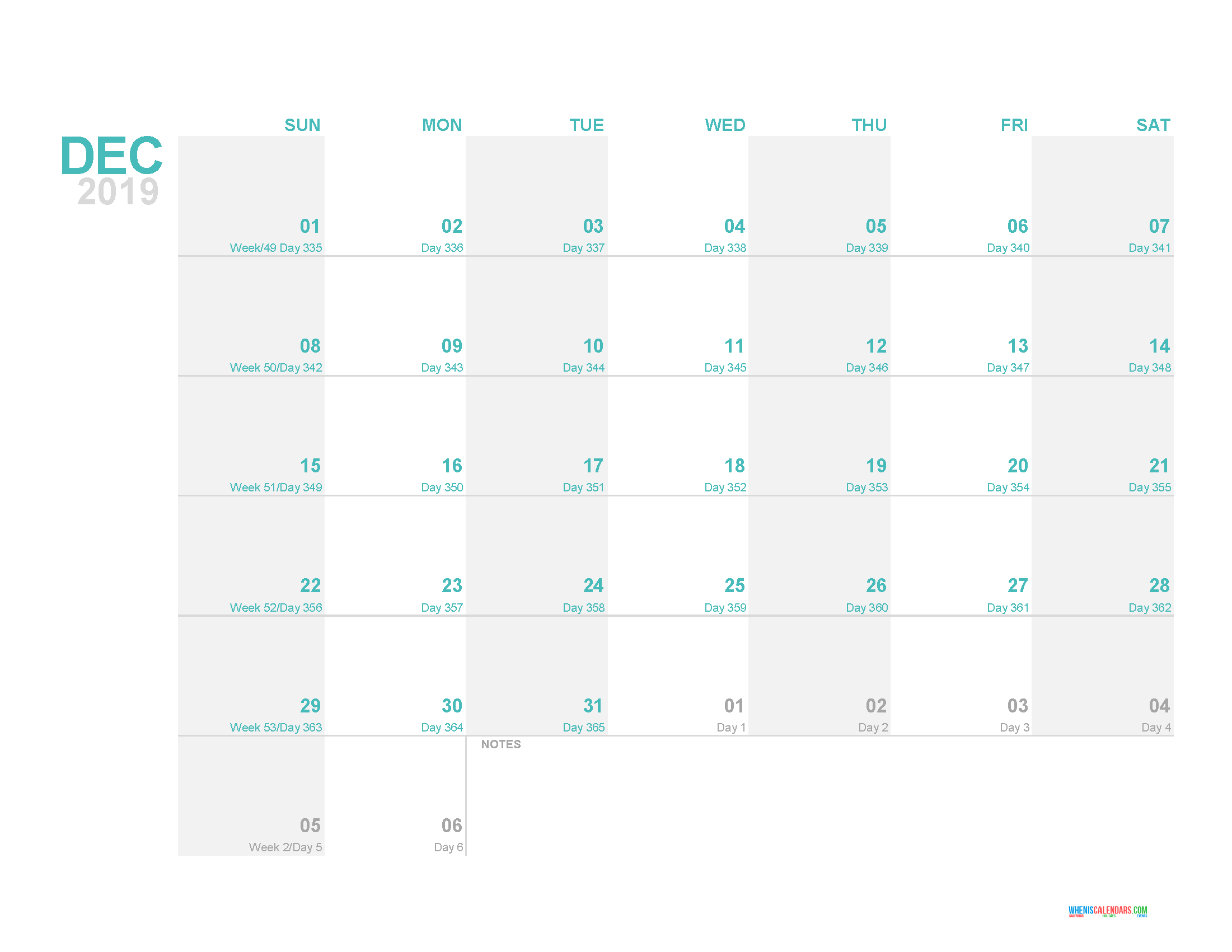 December 2019 Printable Monthly Calendar Template With Day