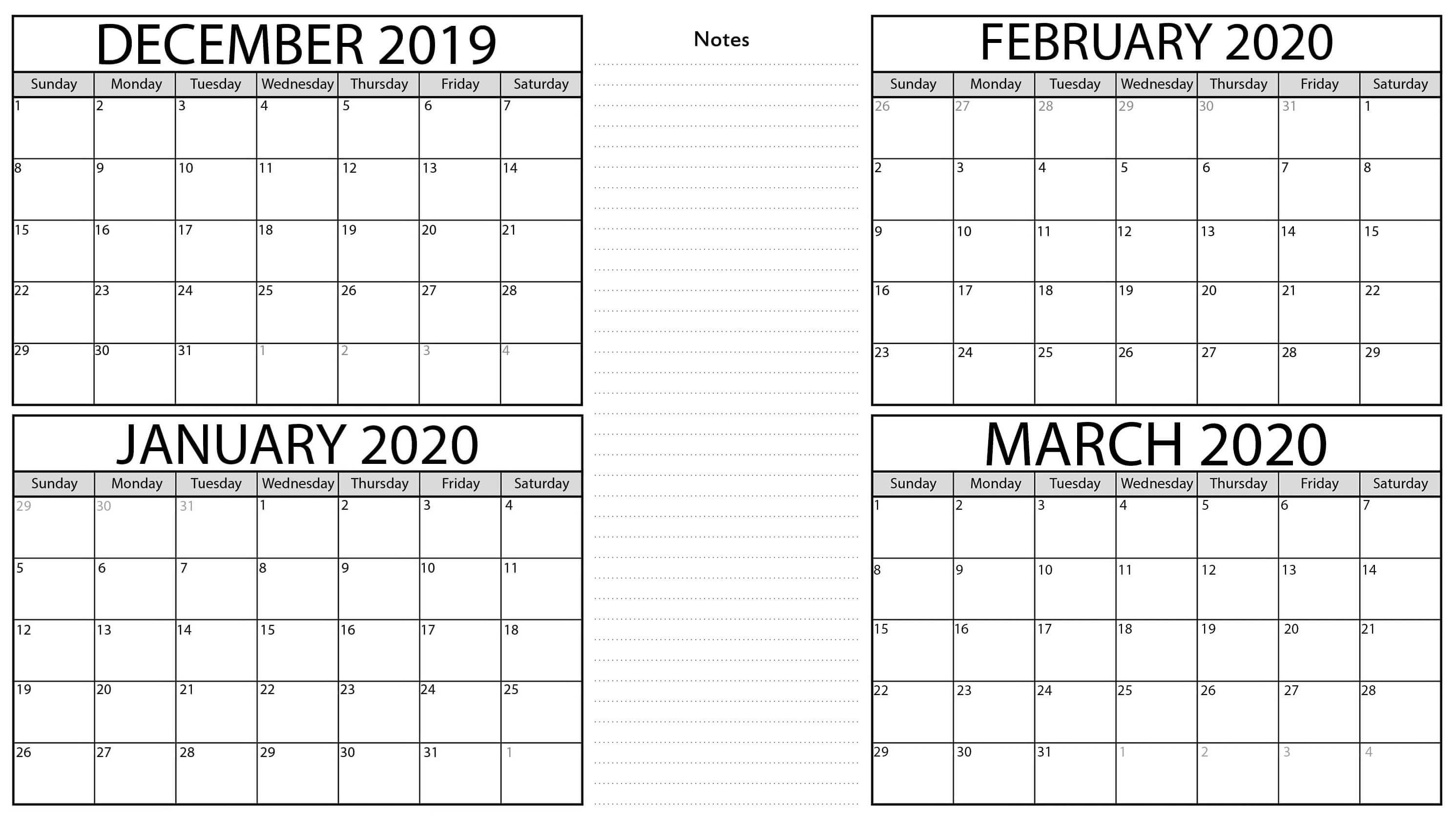 December 2019 To March 2020 Calendar Sheets - 2019 Calendars