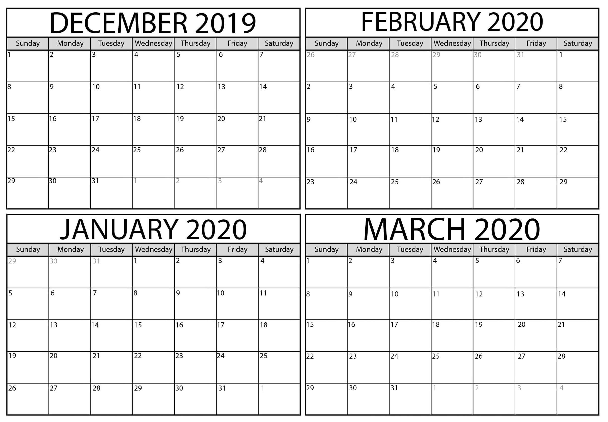 December 2019 To March 2020 Calendar Sheets - 2019 Calendars