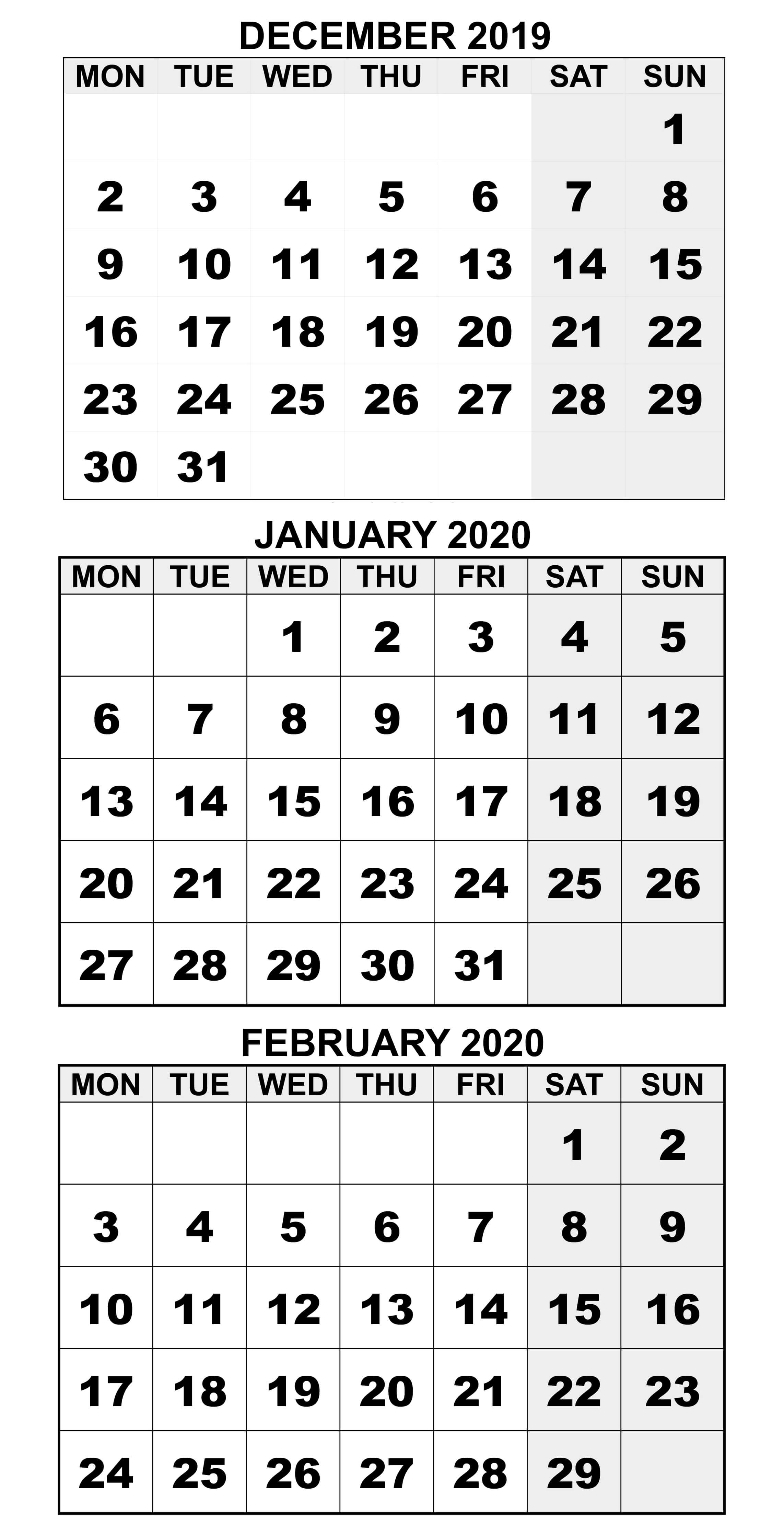 December 2019 To March 2020 Calendar Sheets - 2019 Calendars