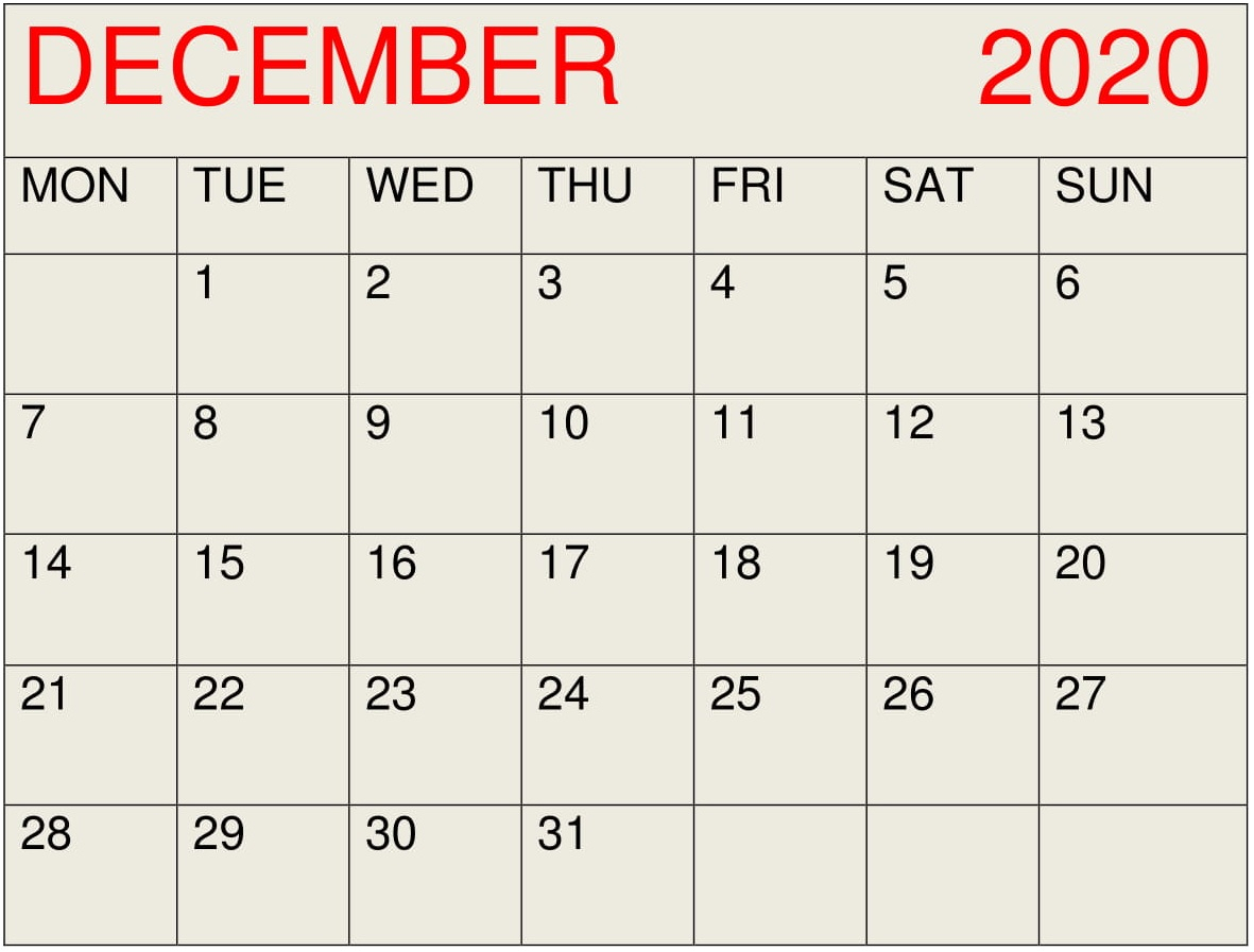 December 2020 Calendar Desktop Wallpaper - Latest Printable