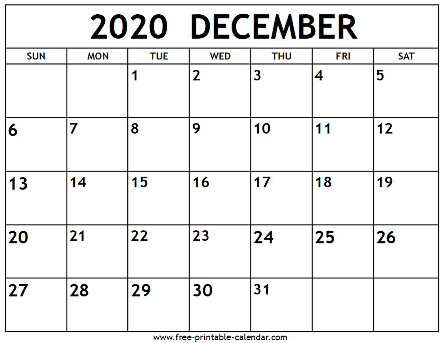 December 2020 Calendar Template