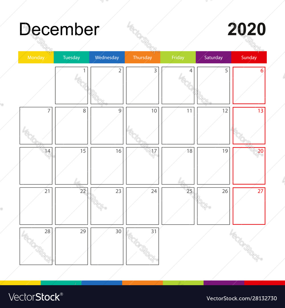 December 2020 Colorful Wall Calendar Week Starts