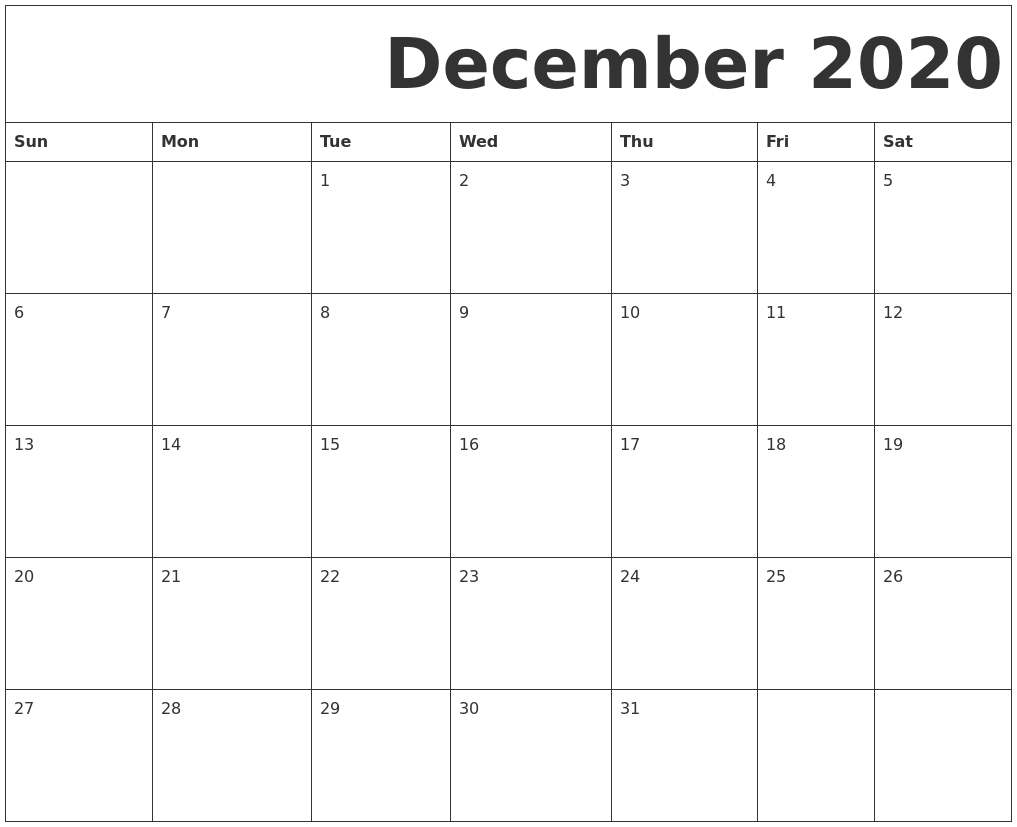 December 2020 Free Printable Calendar