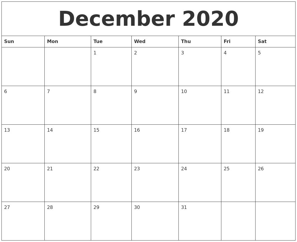 December 2020 Large Printable Calendar