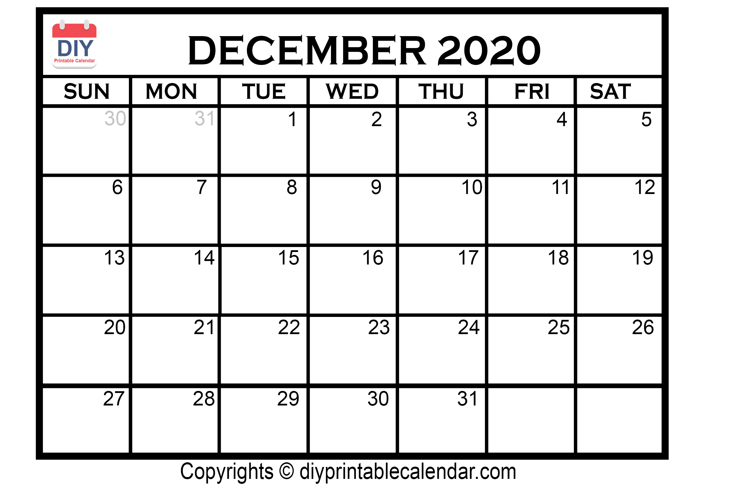 December 2020 Printable Calendar Template