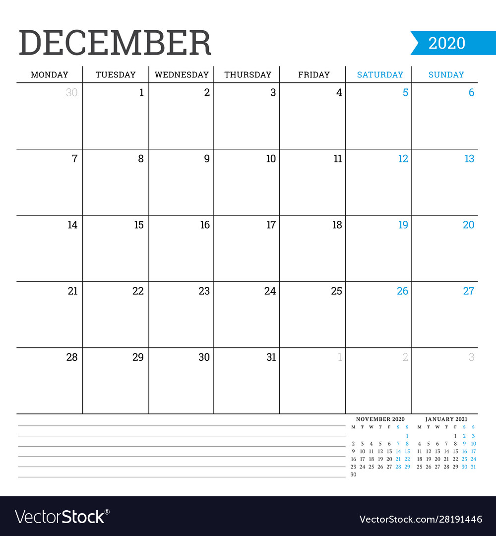 December 2020 Square Monthly Calendar Planner