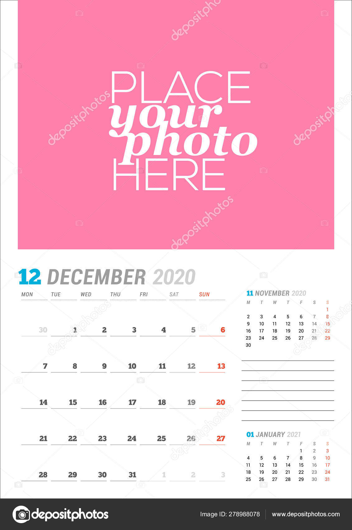 December 2020. Wall Calendar Planner Template. Vector