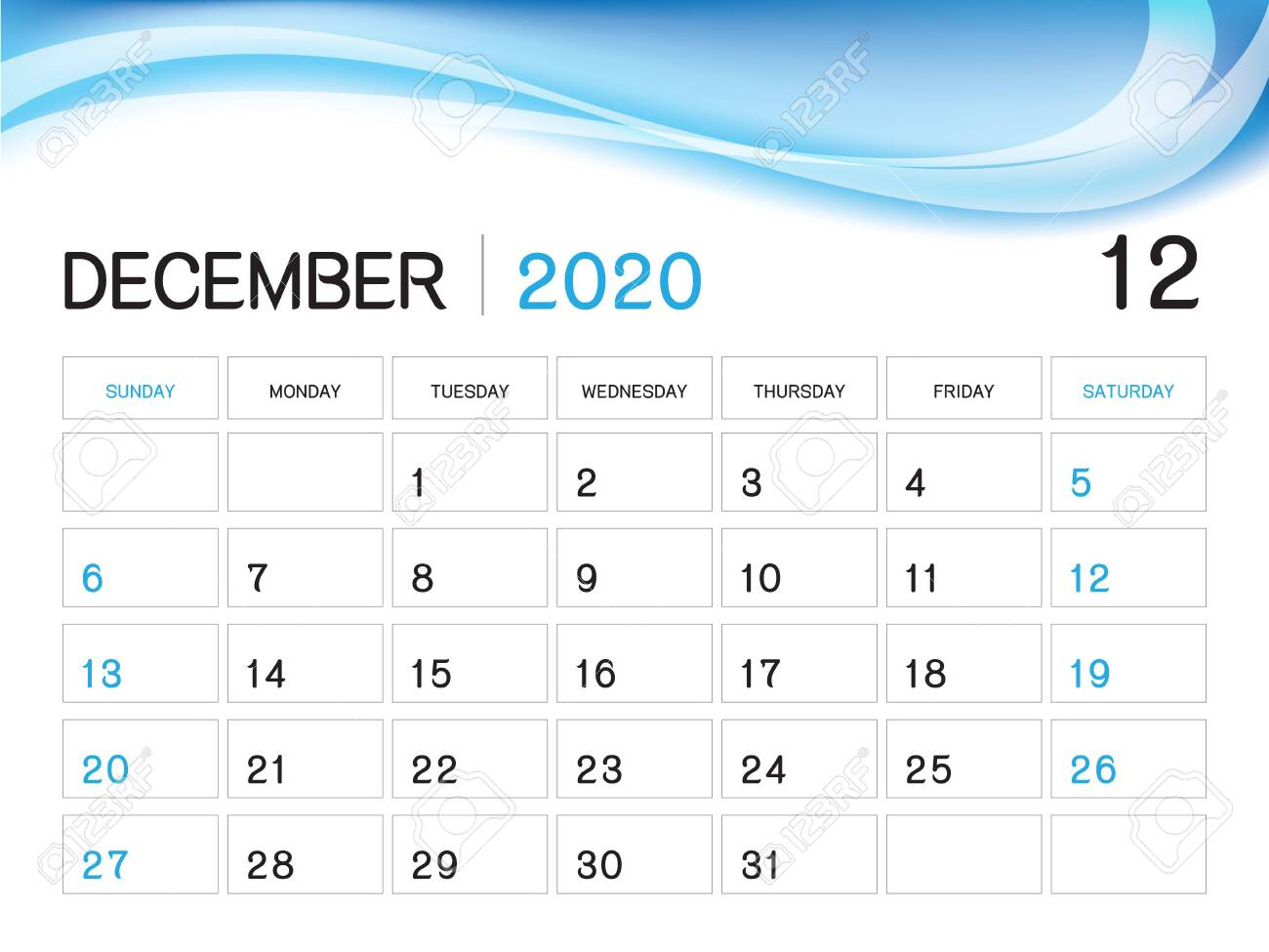 December 2020 Year Template, Calendar 2020 Vector, Desk Calendar..