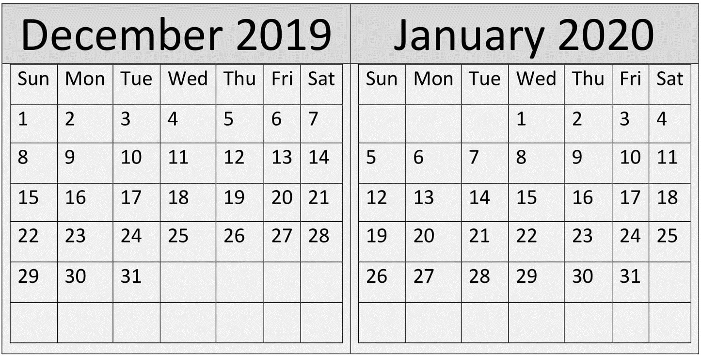 December January 2020 Print Calendar – Free Latest Calendar