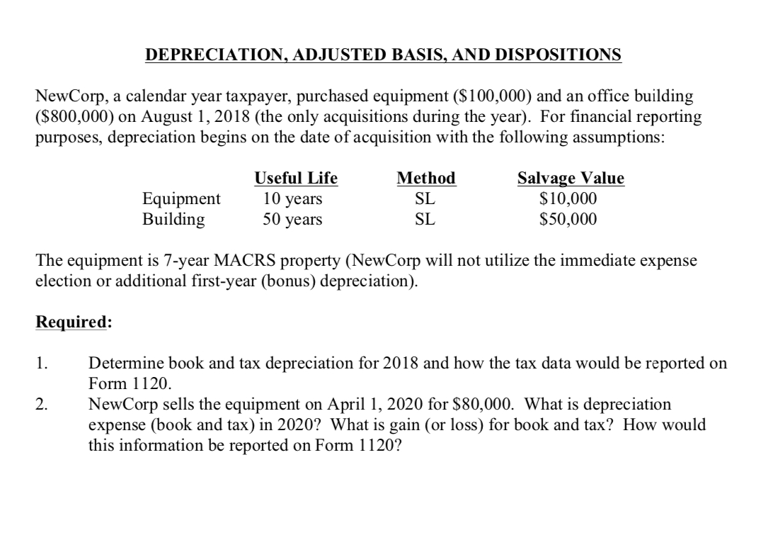 Depreciation, Adjusted Basis, And Dispositions New