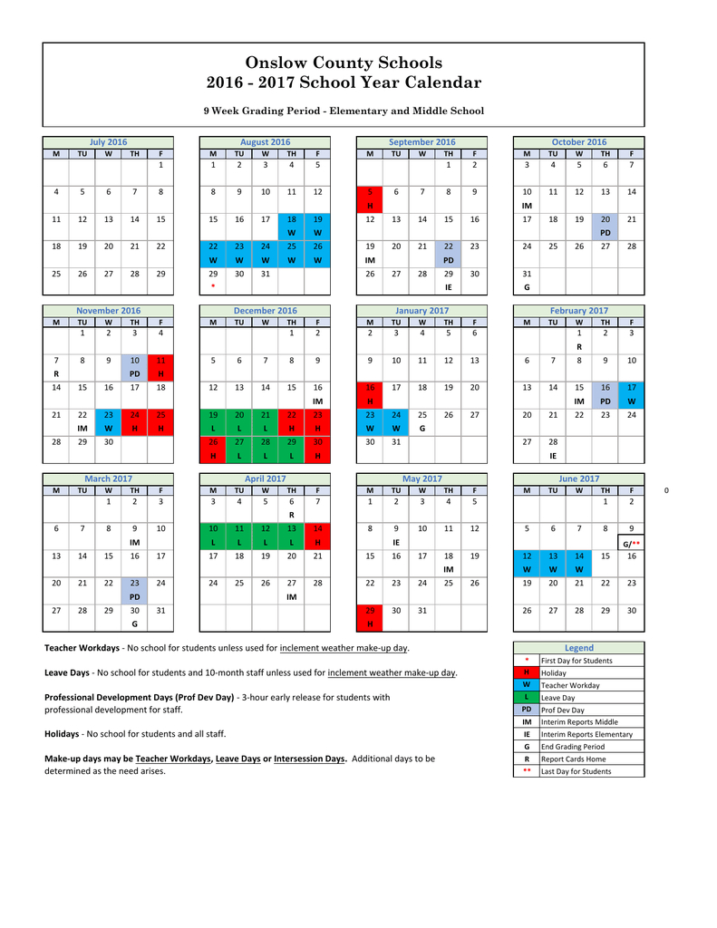 Onslow County 9 Week Calendar Calendar Printables Free Templates