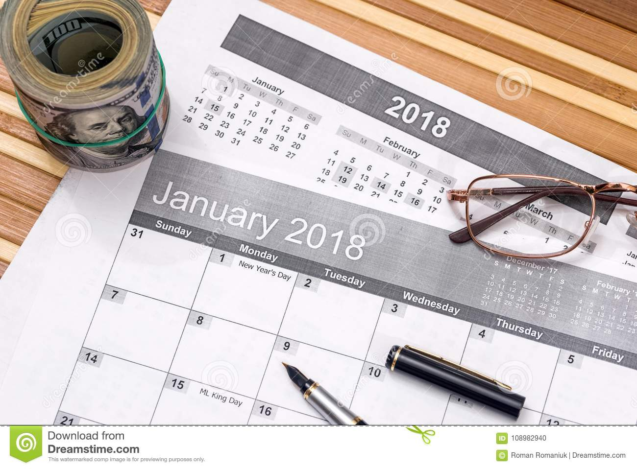 Dollar With List For 2018 New Year Goals Stock Photo - Image