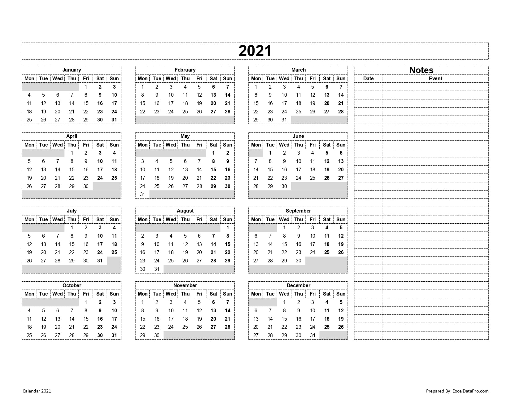 Download 2021 Yearly Calendar (Mon Start) Excel Template