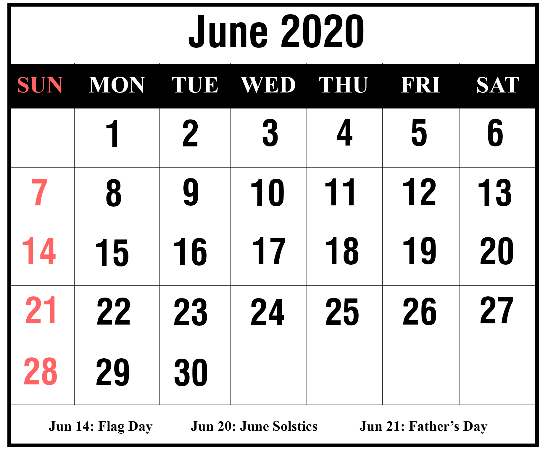 Download Free Blank June 2020 Printable Calendar [Pdf, Excel