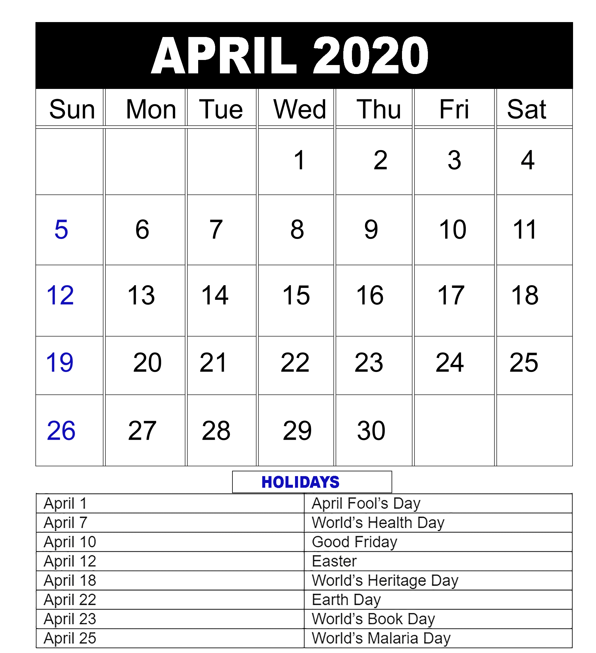 Download Free Printable April 2020 Calendar Pdf Template