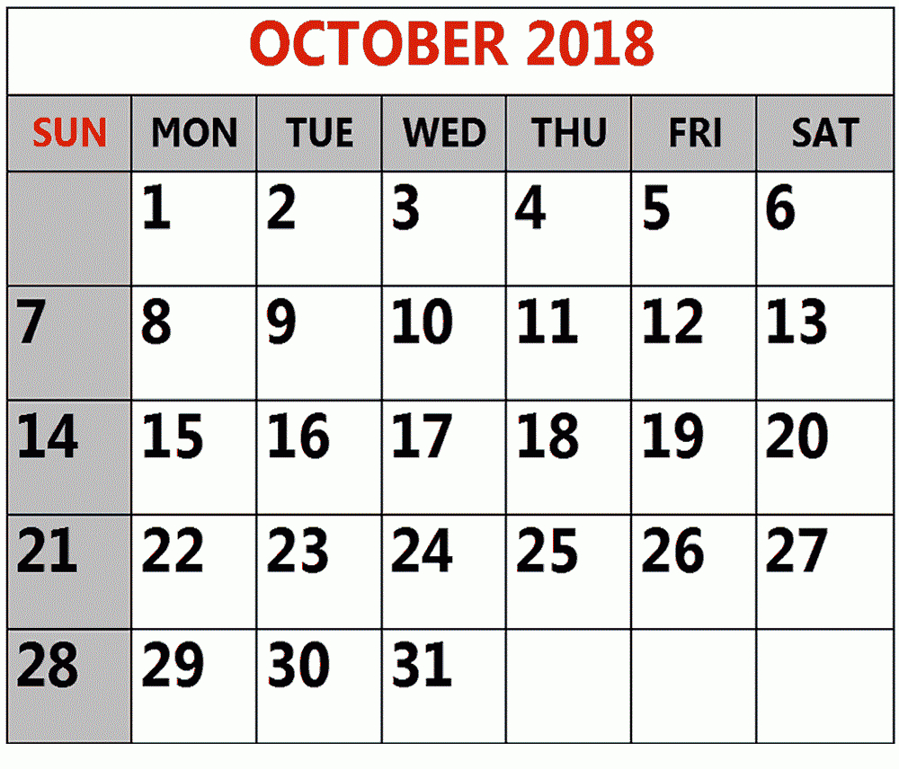 Download October 2018 Calendar Large Number | Free Printable