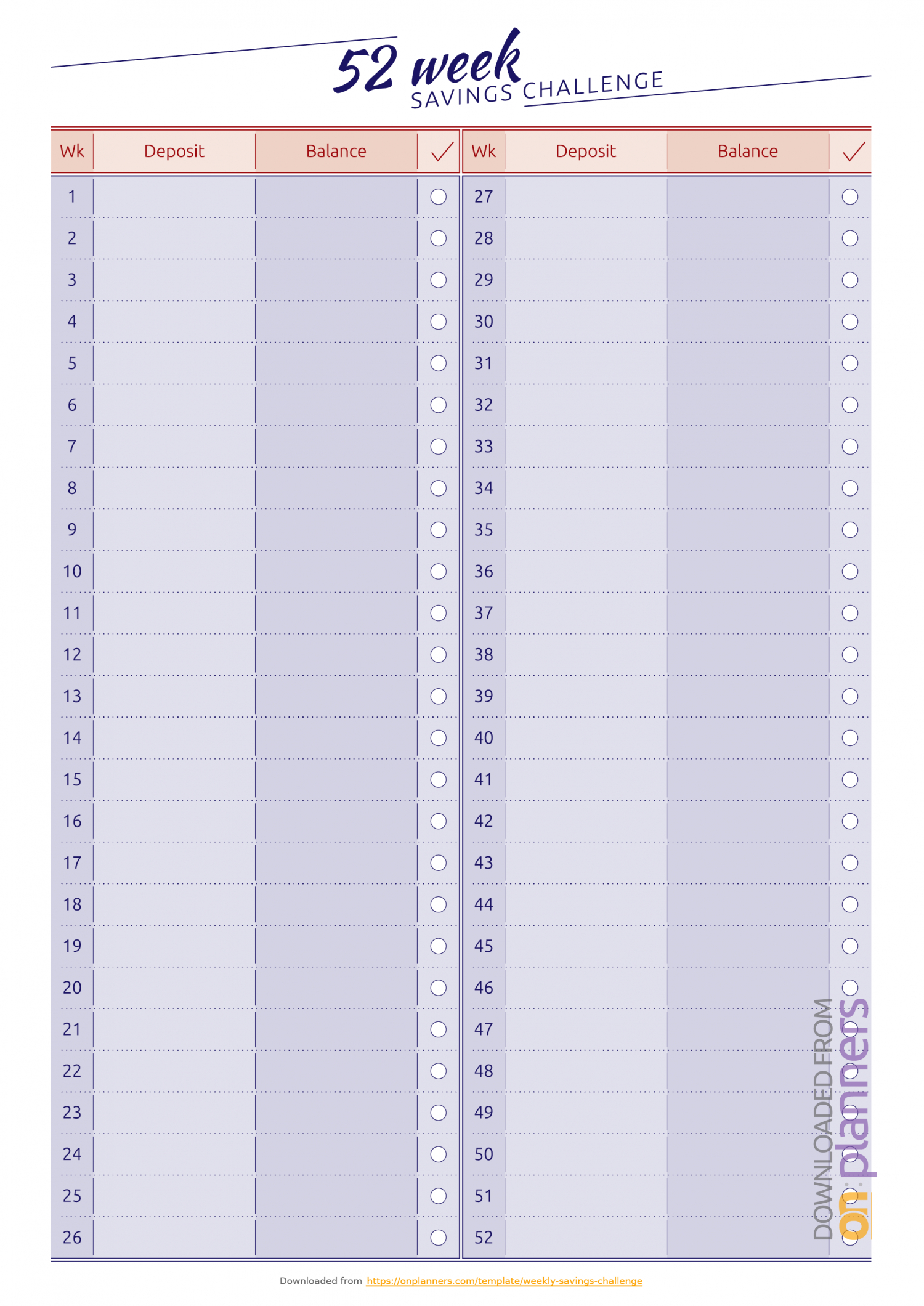 Download Printable 52 Week Savings Challenge Pdf