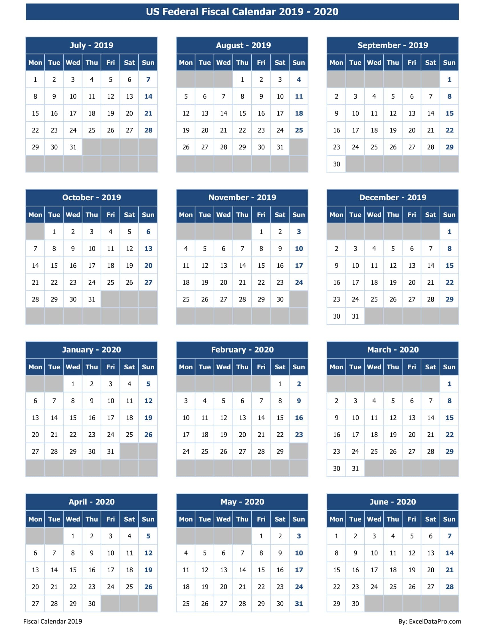 Download Us Federal Fiscal Calendar 2019-20 Excel Template