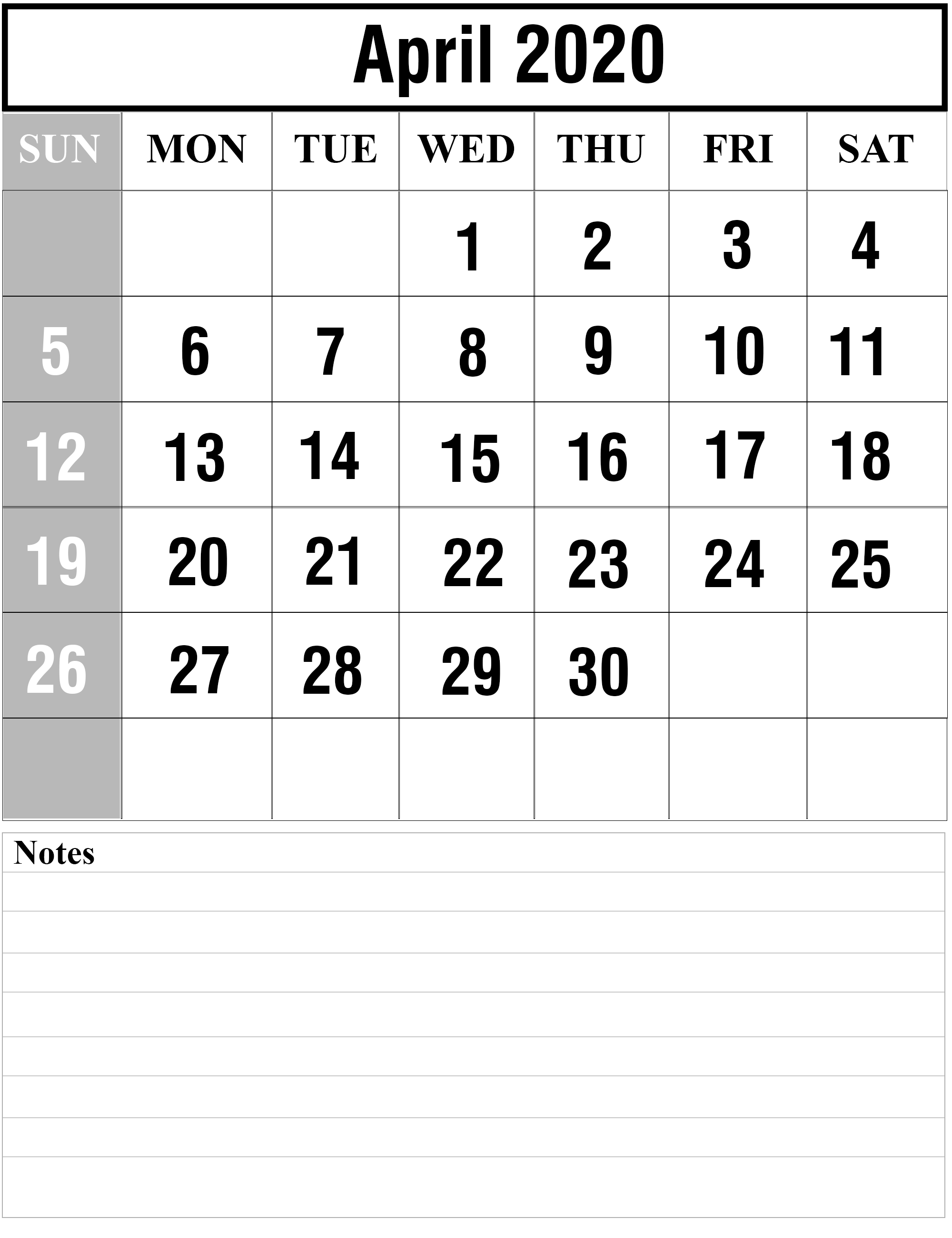 ❤️free April 2020 Printable Calendar Template With