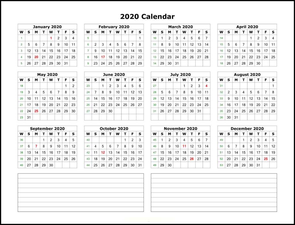 ❤️free Yearly 2020 Printable Calendar Templates [Pdf, Word