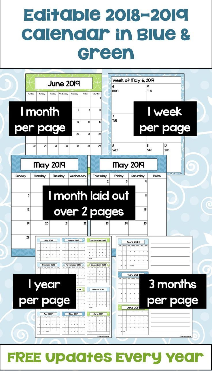 Editable Calendar 2018-2019 In Blue And Green | Math For