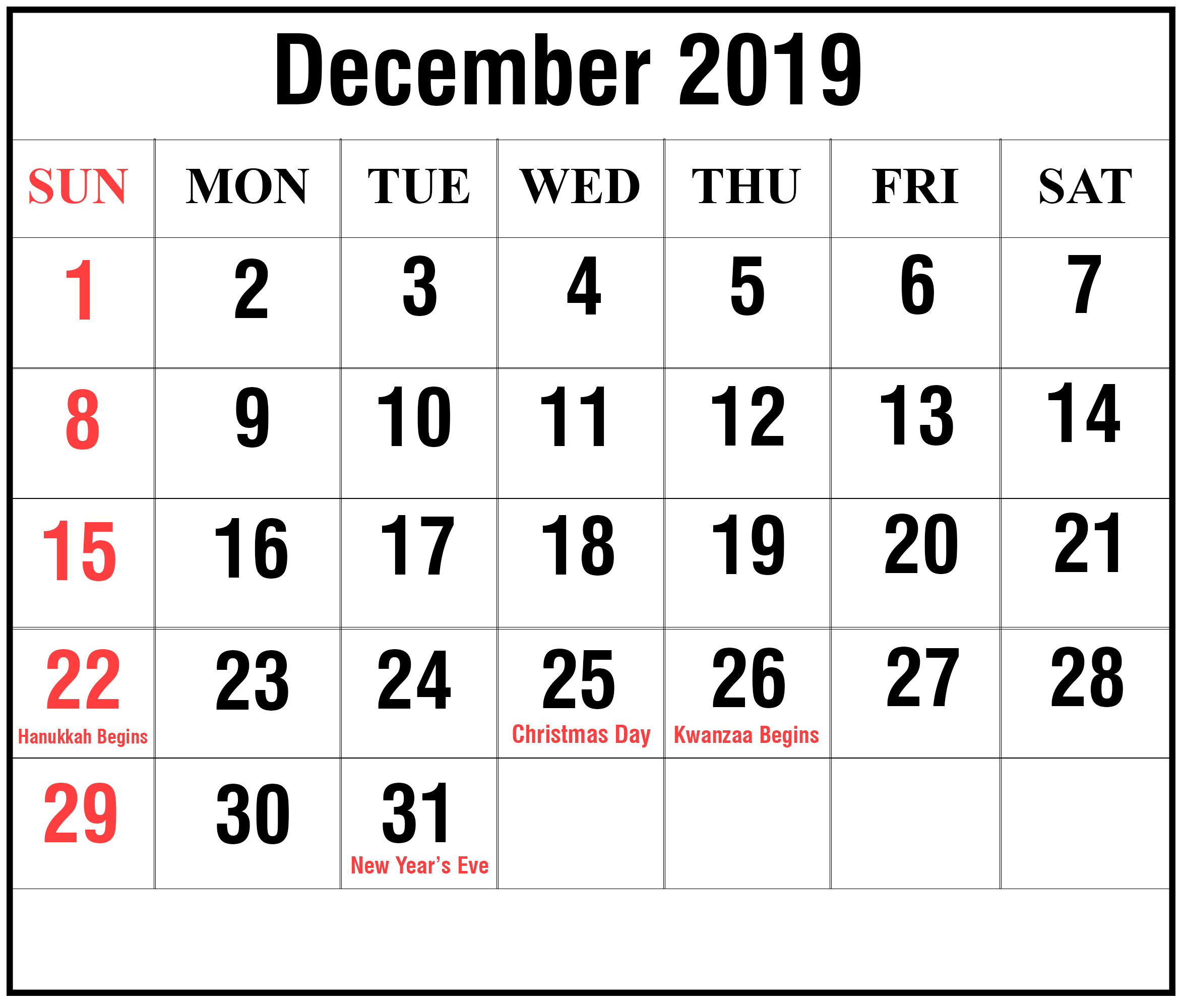 Calendar For Dec 2019