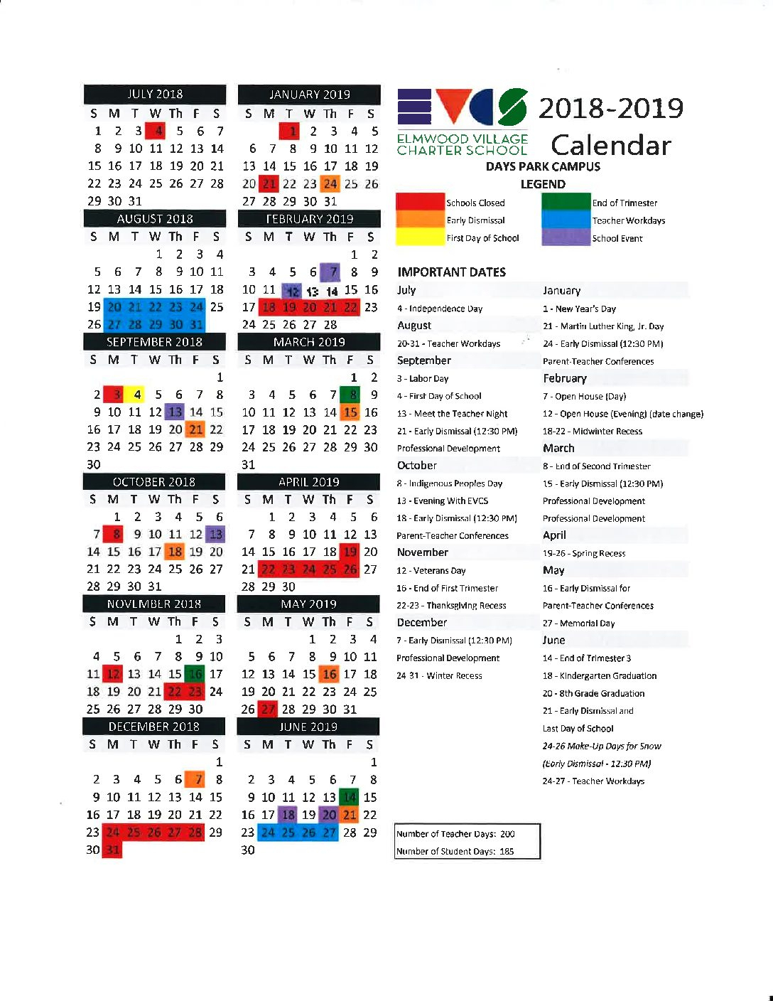 Elmwood Village Charter Schools | 2018-2019 Calendars