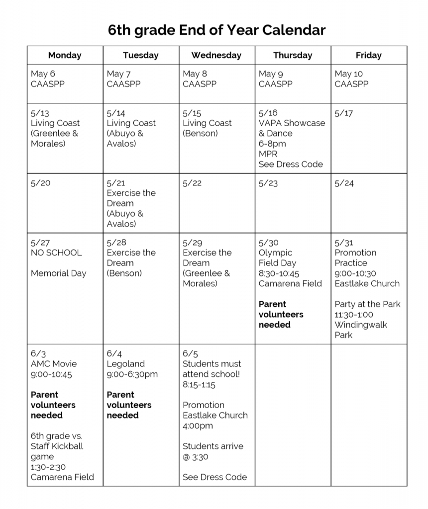 End Of Year Calendar | Mrs. Benson&#039;s 6Th Grade Class