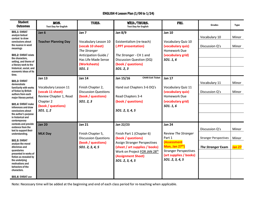 English 4 Prep - Stage 3 Calendar 1-06 To 1-24