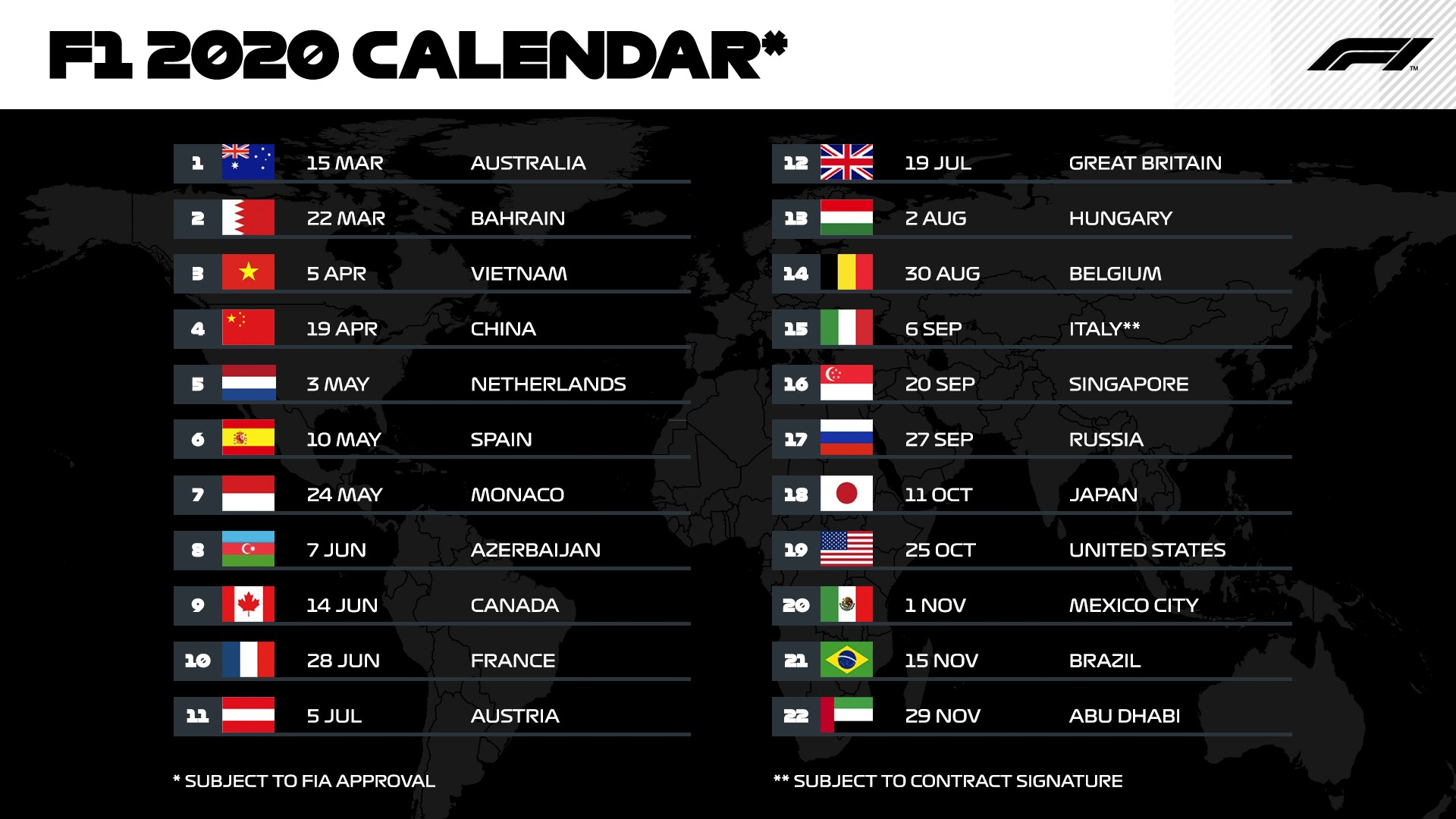 Calendar 2020 Formula 1