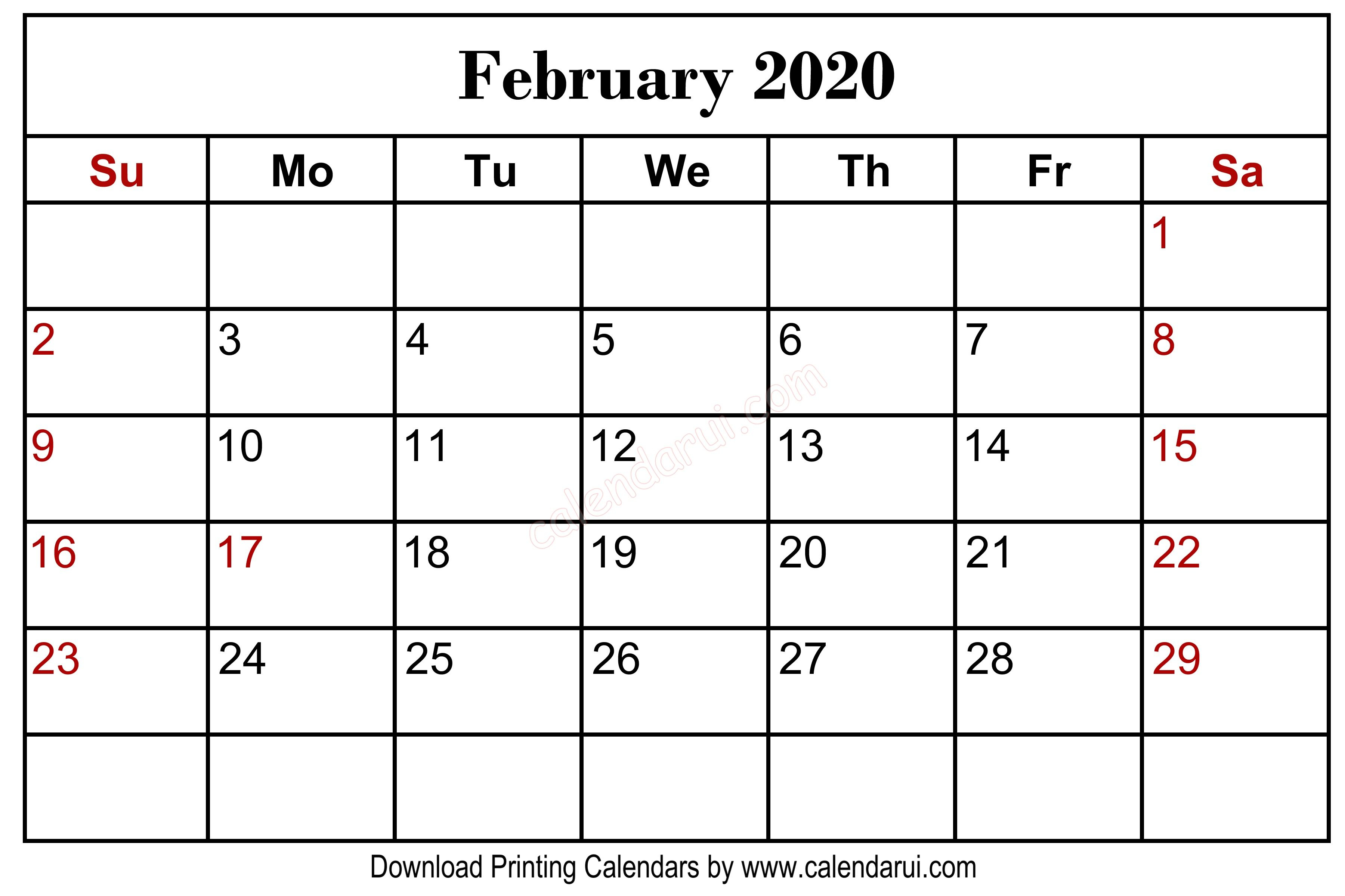 February 2020 Blank Calendar Printable Centre In 2019