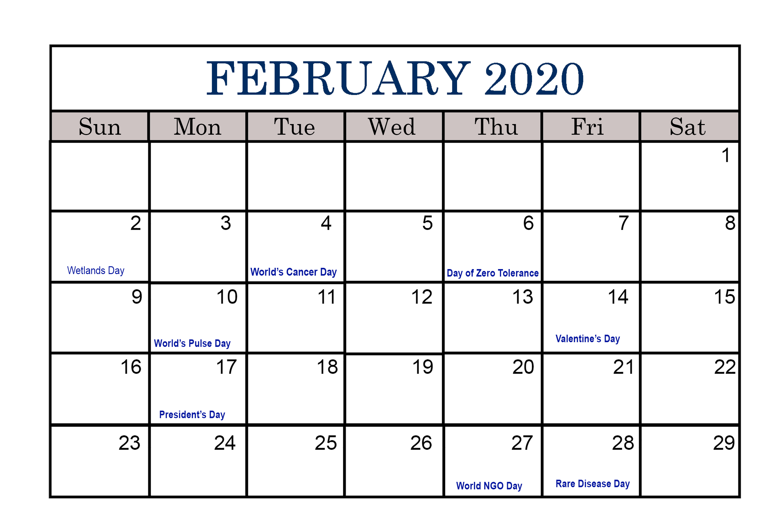 February 2020 Calendar Us Holidays, Events List | Free