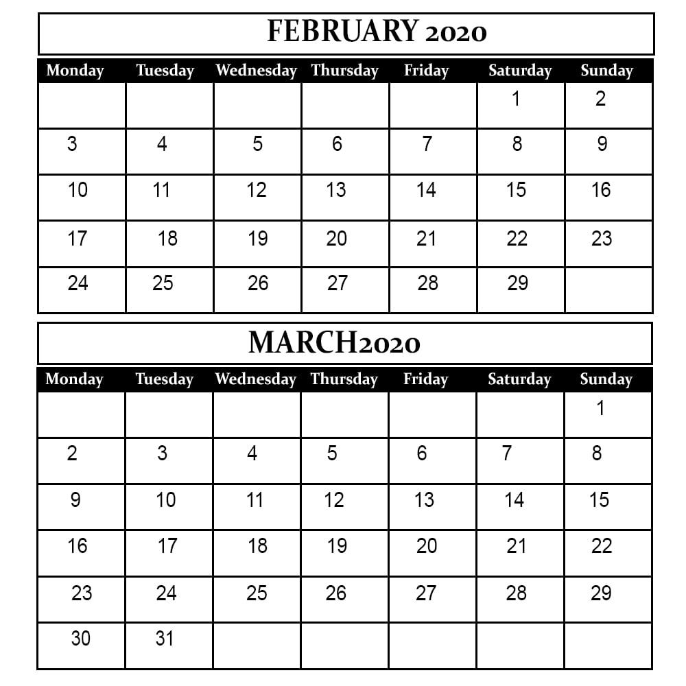 February And March 2020 Calendar – Printable Monthly