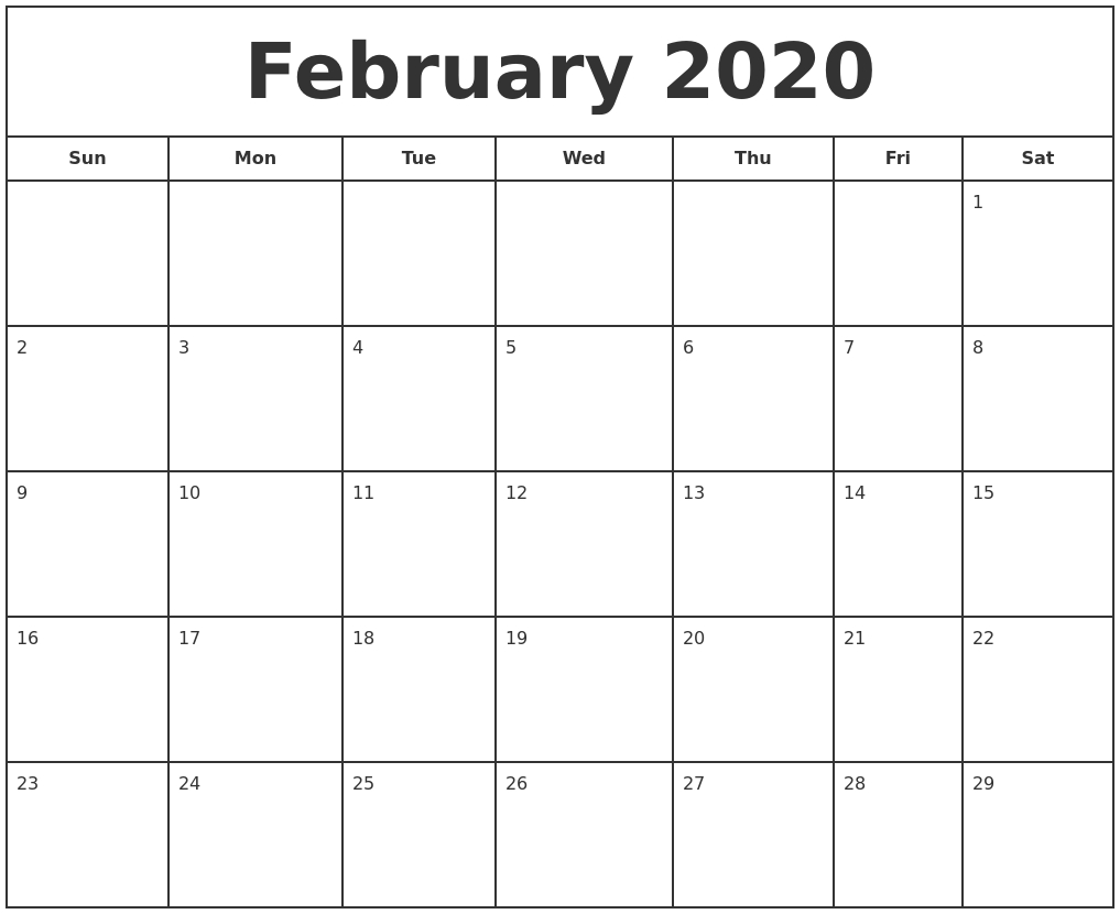 February Calendar 2020 Free Printable Template Pdf Word