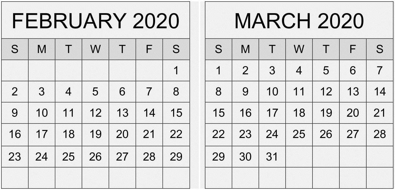 February March 2020 Calendar Pdf Template – Free Latest