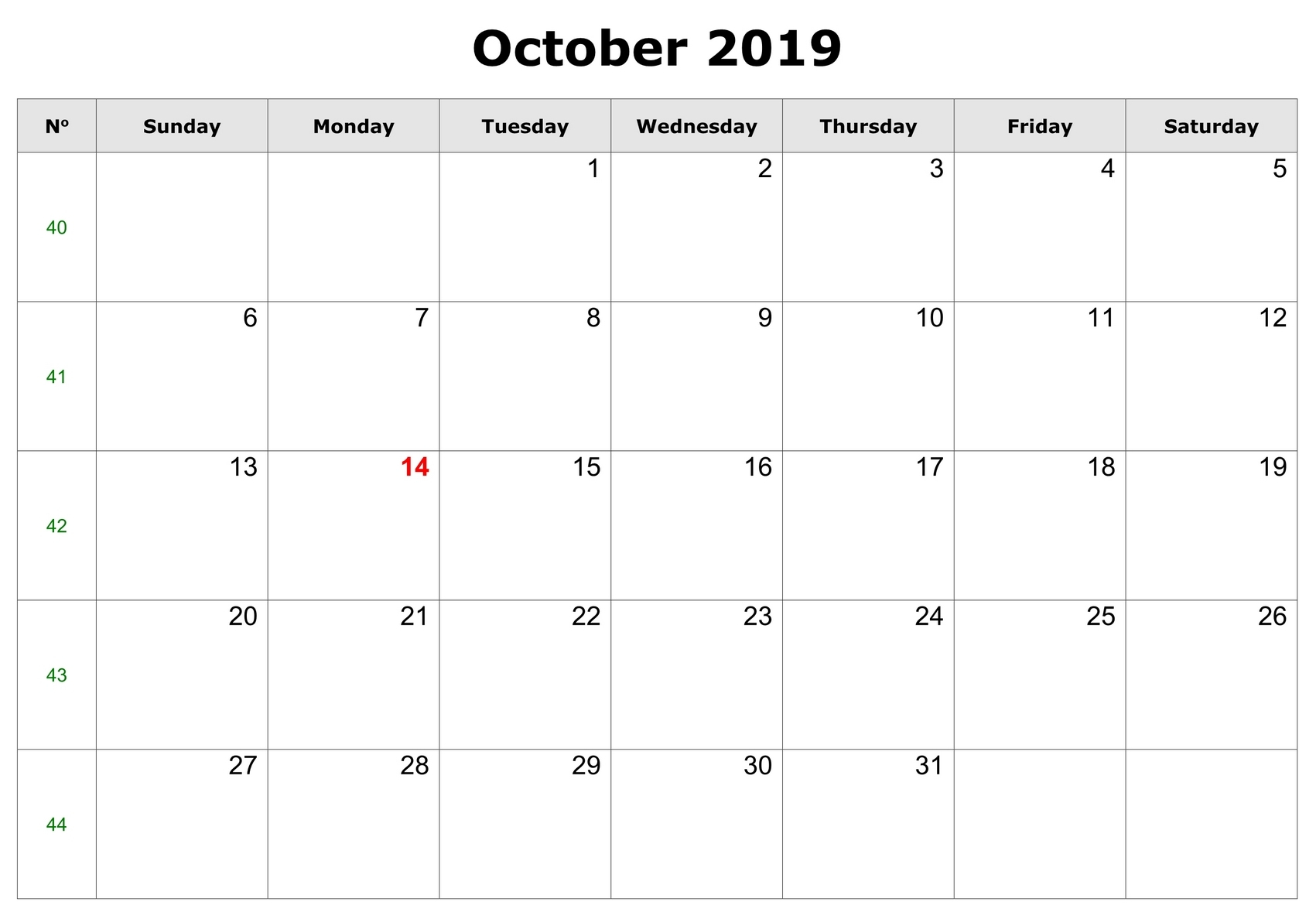 Fillable October Calendar 2019 Editable Printable Notes To